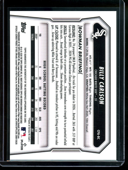 2026 Bowman Chrome Billy Carlson Speckle Autograph /299 White Sox - Trading Card Market