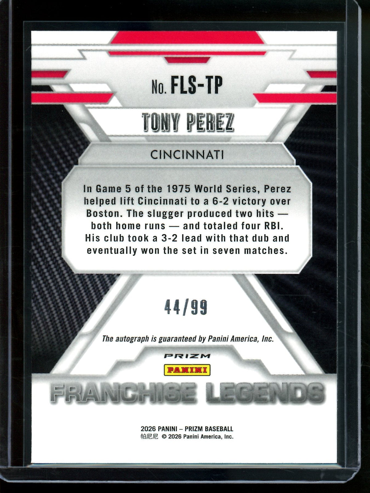 2026 Panini Prizm Tony Perez Franchise Legends Autograph Red /99 Reds - Trading Card Market