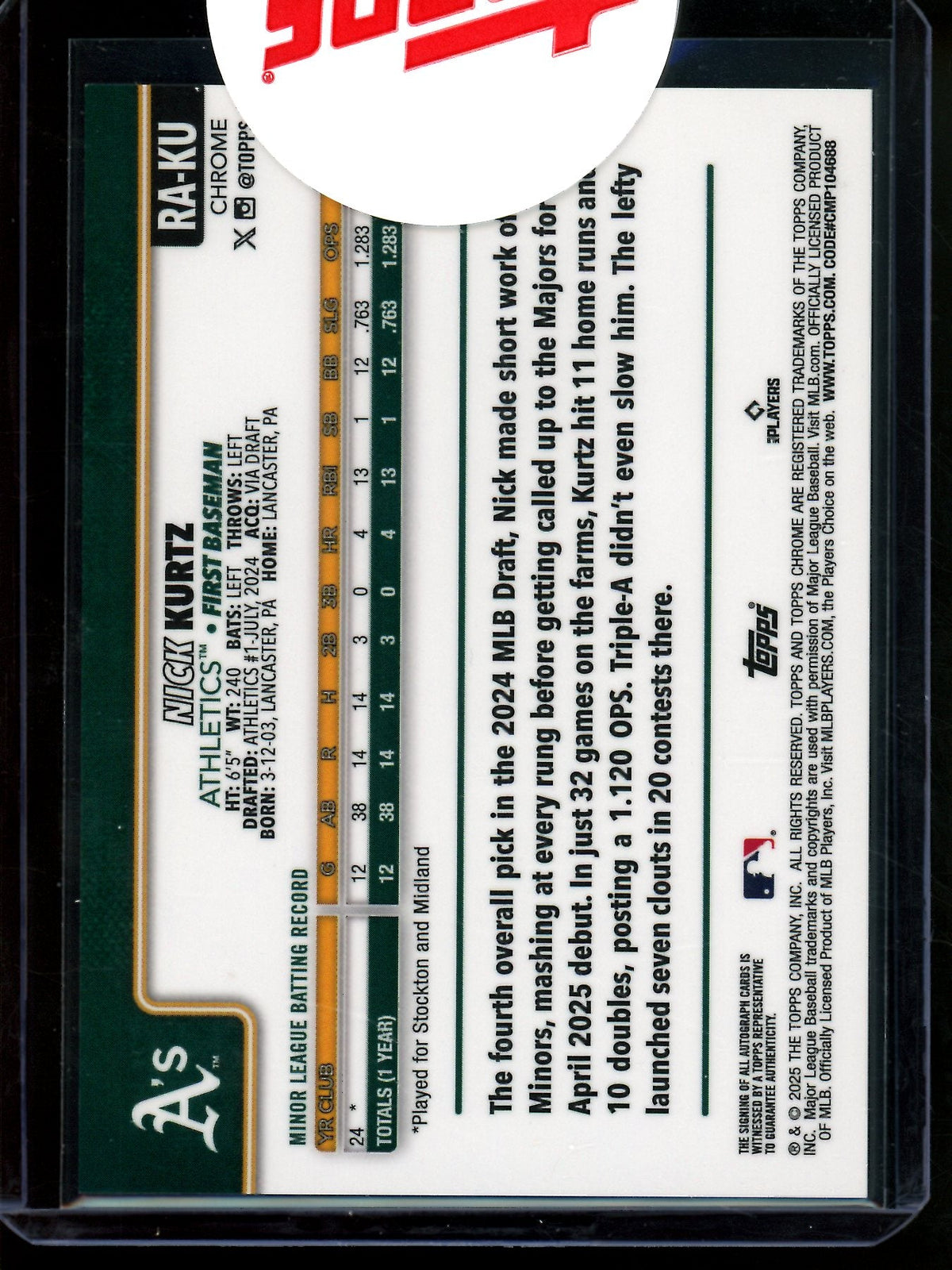 2025 Topps Chrome Nick Kurtz Sealed Rookie Autograph Athletics - Trading Card Market