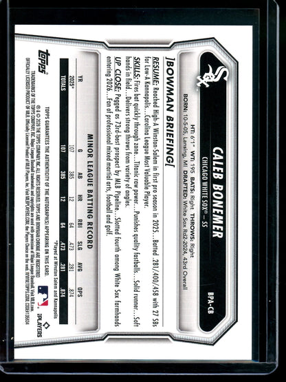 2026 Bowman Caleb Bonemer Blue Autograph /150 White Sox - Trading Card Market