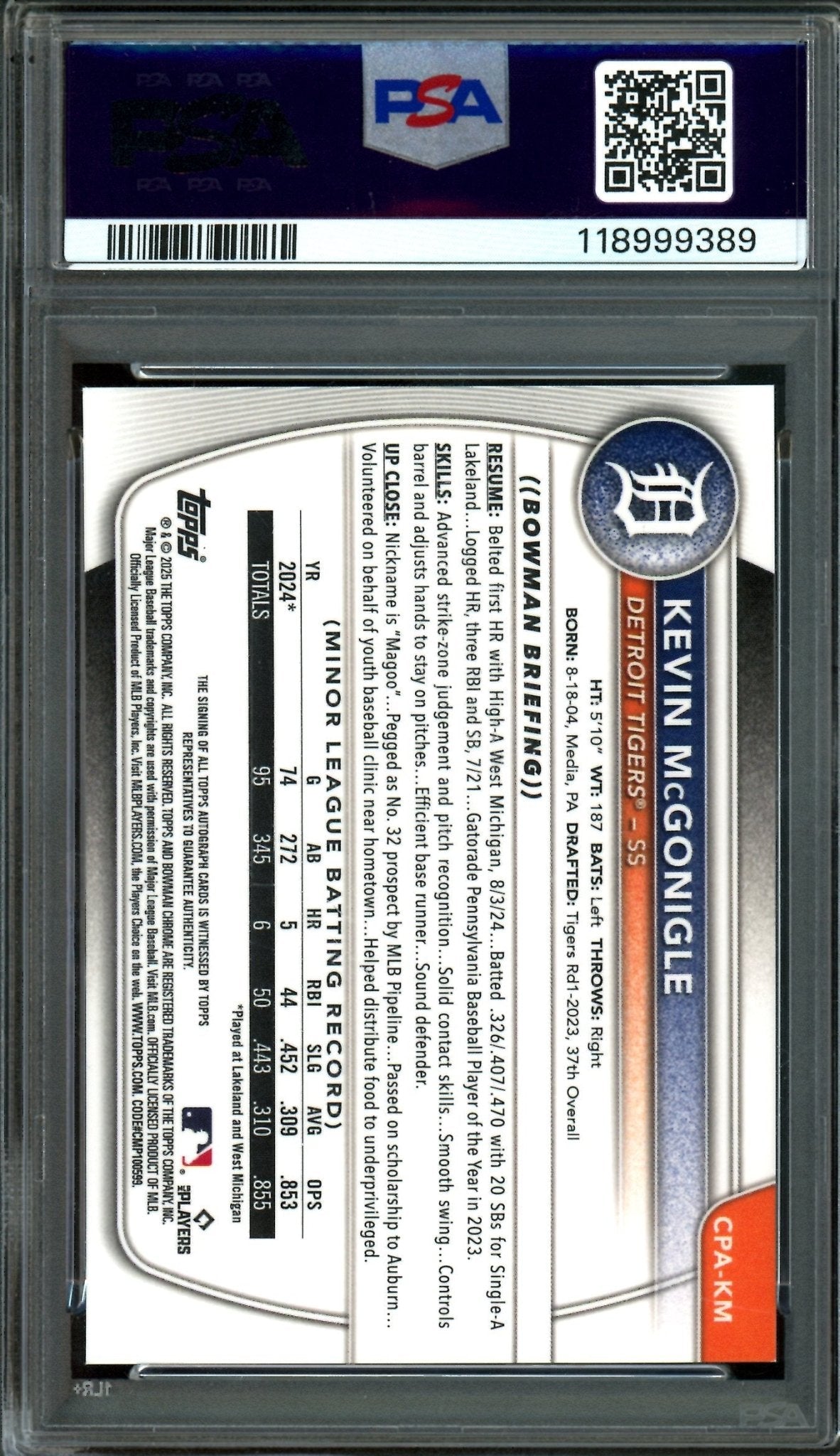 2025 Bowman Chrome Kevin McGonigle 1st Blue Refractor Autograph /150 PSA 10 Tigers - Trading Card Market