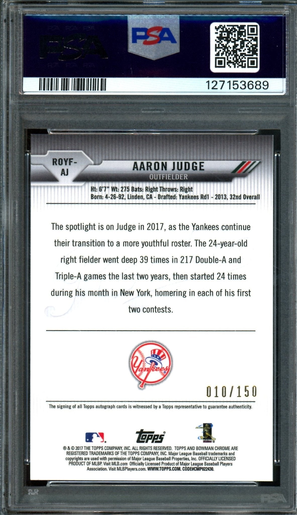 2017 Bowman Aaron Judge R.O.Y. Favorites Rookie Autograph /150 PSA 10 Yankees - Trading Card Market
