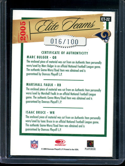 2005 Panini Elite Bulger / Faulk / Bruce Elite Teams Triple Relic /100 Rams - Trading Card Market
