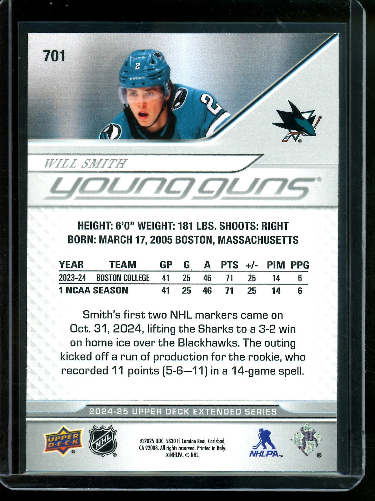 2025 Upper Deck Extended Series Will Smith Young Guns Sharks