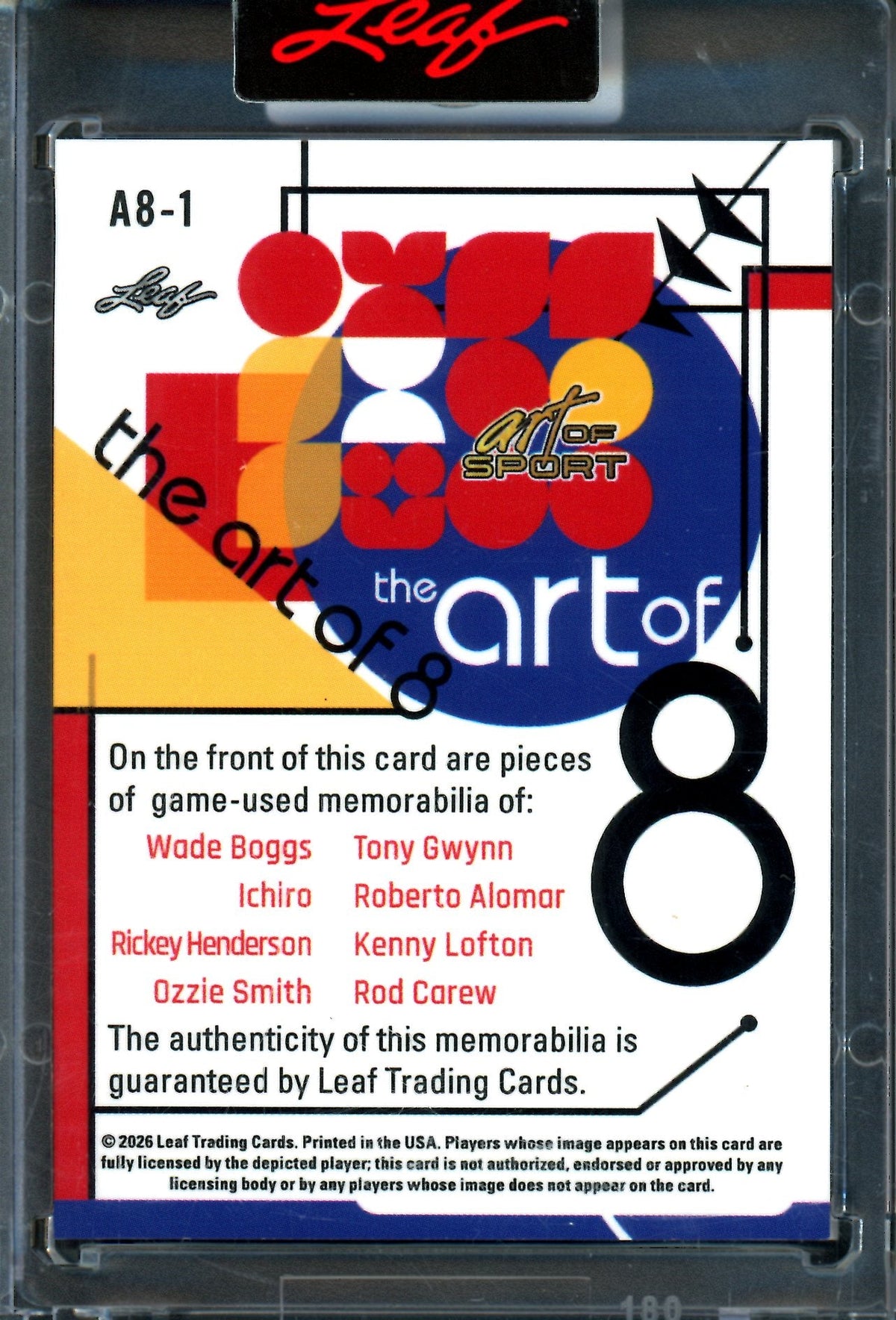 2026 Leaf Art of Sport Boggs / Ichiro / Henderson / Smith / Gwynn / Alomar / Lofton / Carew 8-Relic Encased
