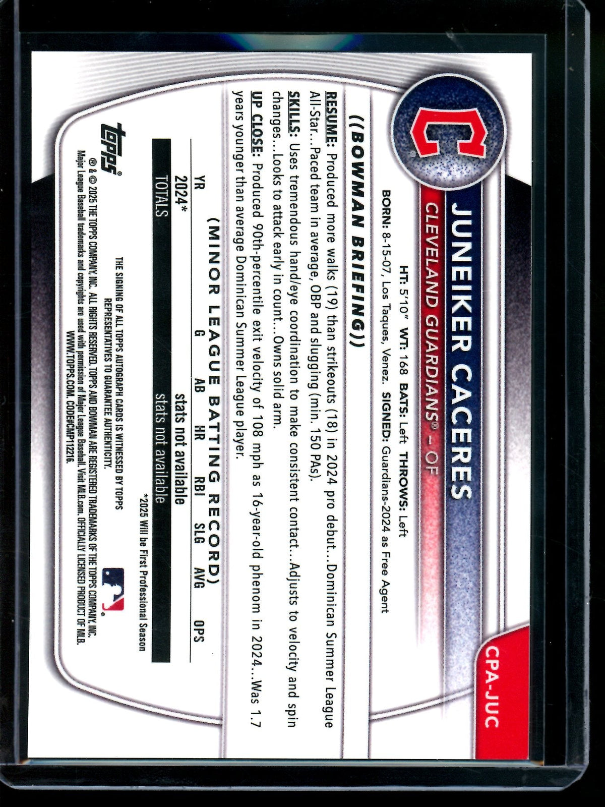 2025 Bowman Chrome Juneiker Caceres 1st Autograph Guardians