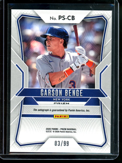 2026 Panini Prizm Carson Benge Prizm Rookie Autograph Red /99 Mets