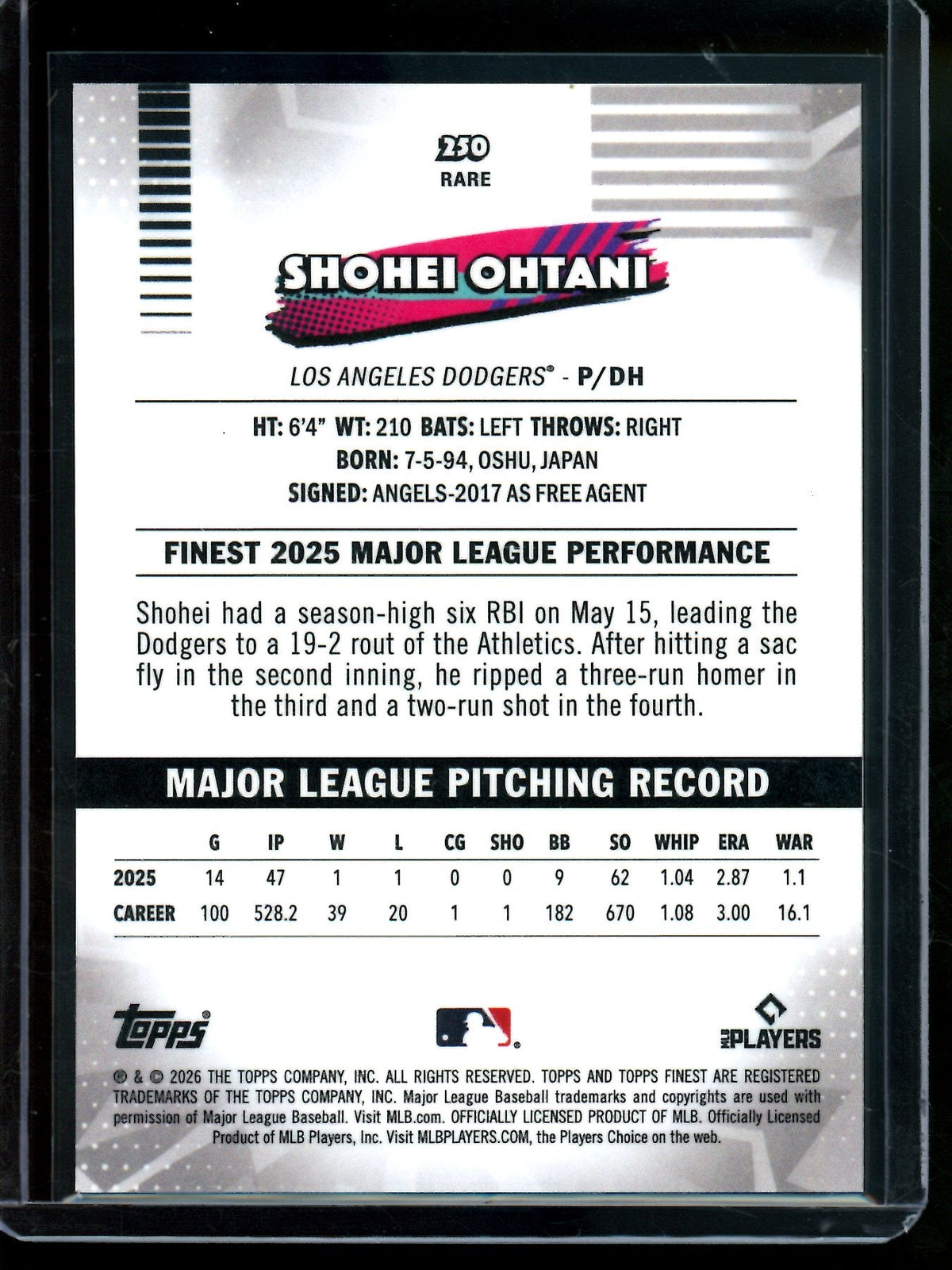 2026 Topps Finest Shohei Ohtani Yellow Refractor Rare /275 Dodgers