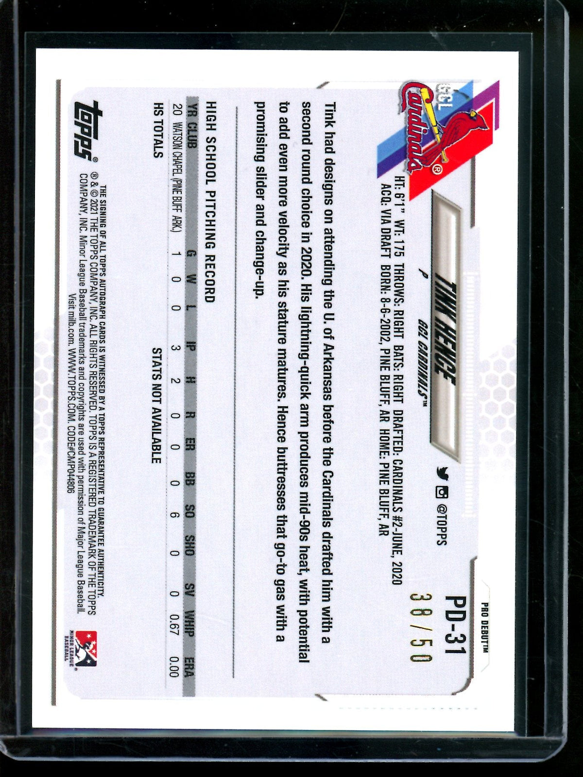 2021 Topps Pro Debut Tink Hence Gold Autograph /50 Cardinals