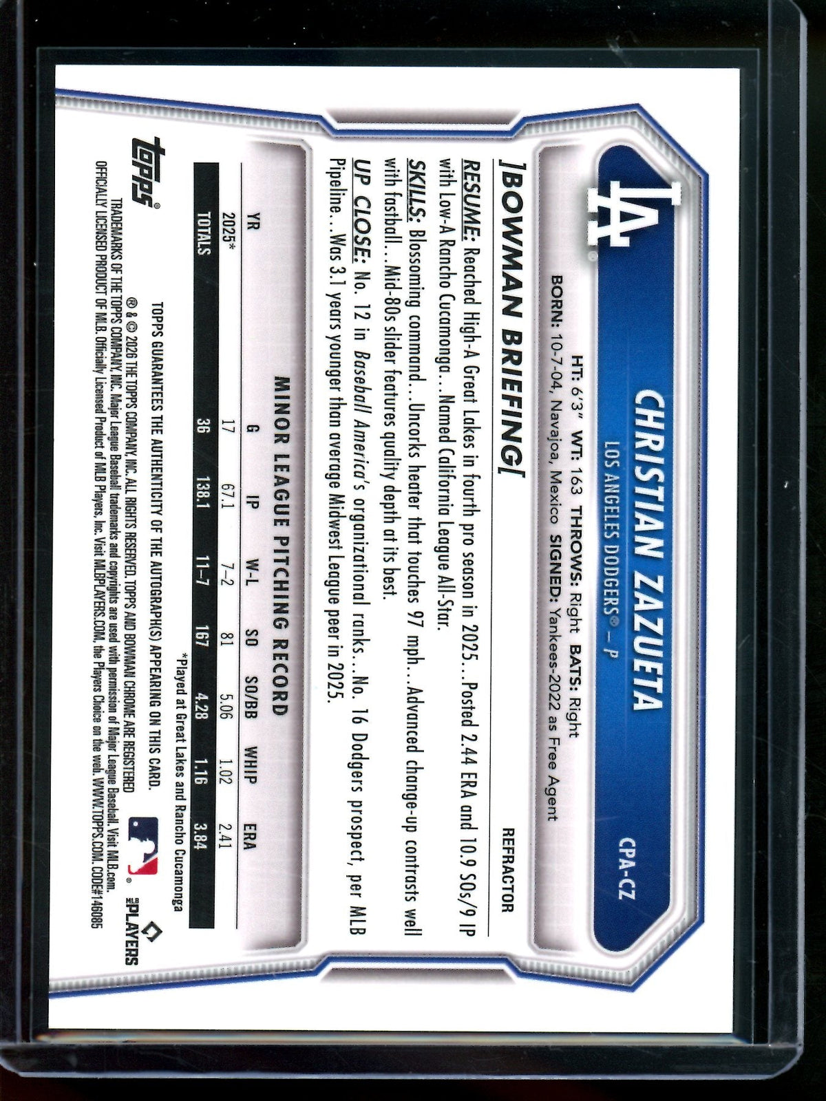 2026 Bowman Chrome Christian Zazueta 1st Refractor Autograph /499 Dodgers