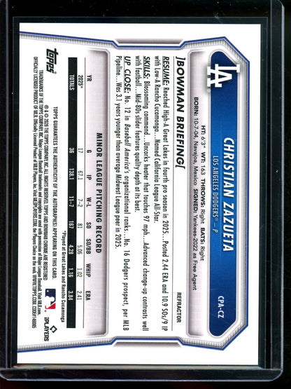2026 Bowman Chrome Christian Zazueta 1st Refractor Autograph /499 Dodgers