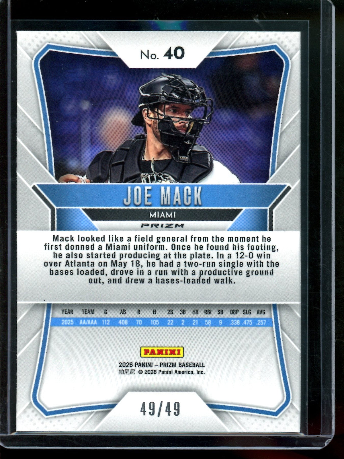 2026 Panini Prizm Joe Mack Orange Shimmer Rookie /49 Marlins