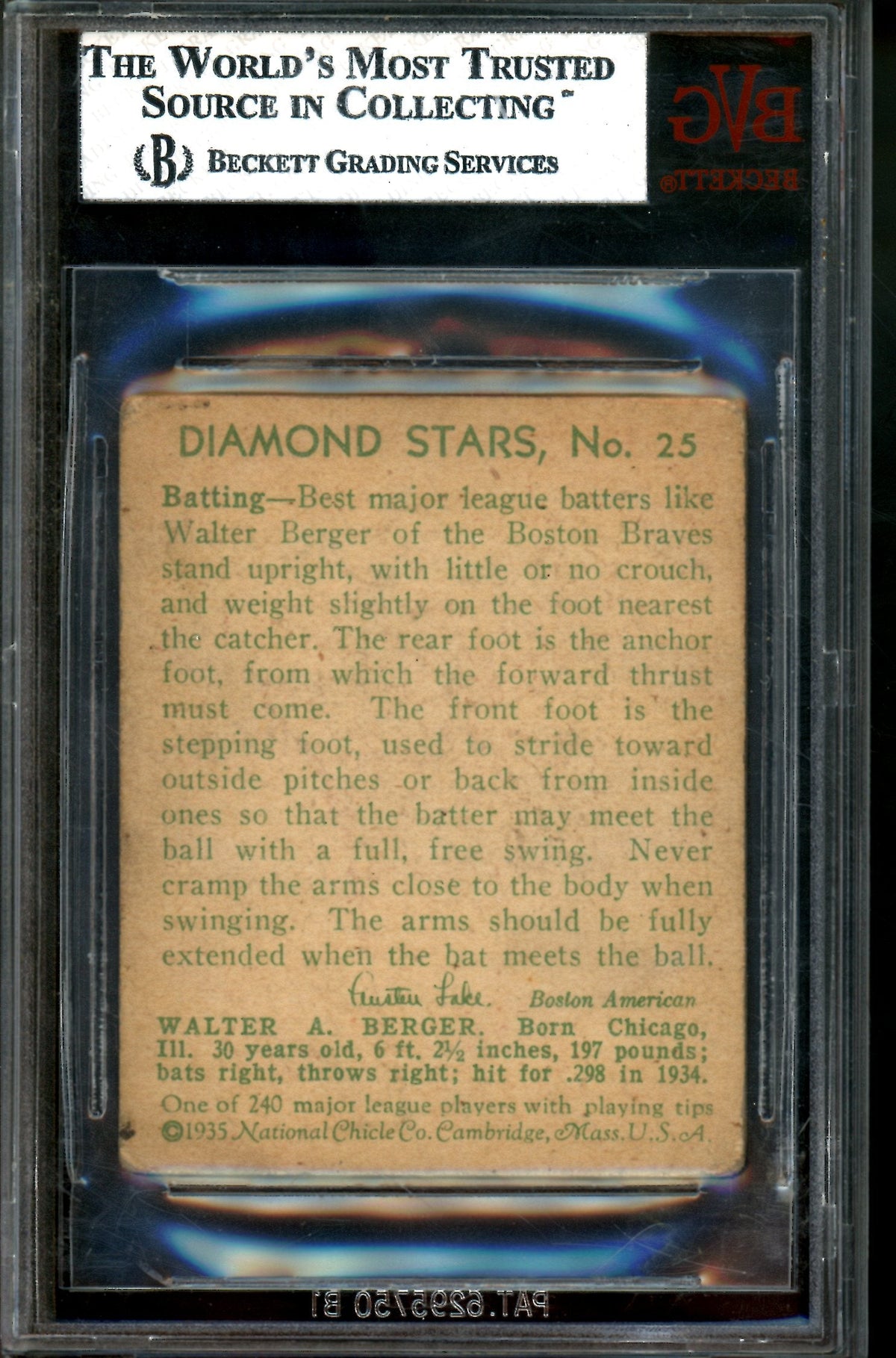 1934 Diamond Stars Wally Berger #25 BVG 2.5 Braves