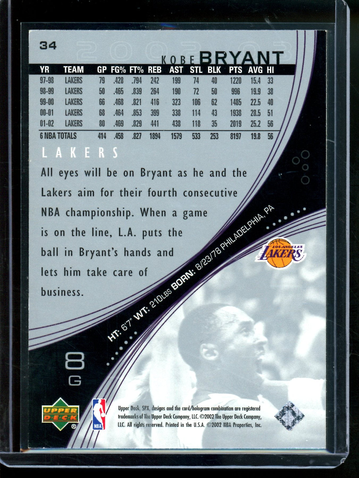 2002 Upper Deck SPX Kobe Bryant #34 Lakers (B)