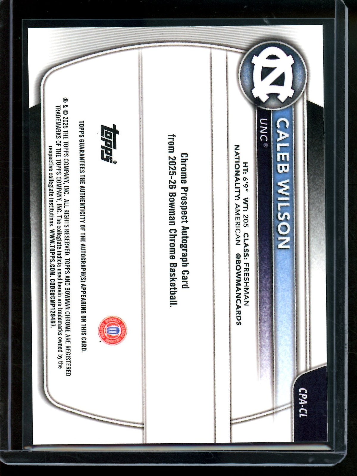 2025 Bowman U Chrome Caleb Wilson 1st Purple Refractor Autograph /250 UNC