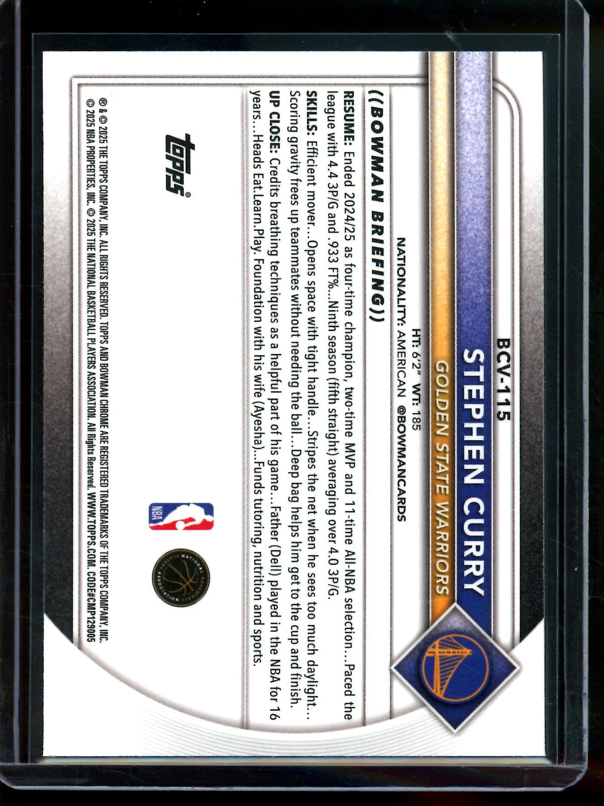 2025 Bowman Chrome Stephen Curry Purple Refractor /250 Warriors