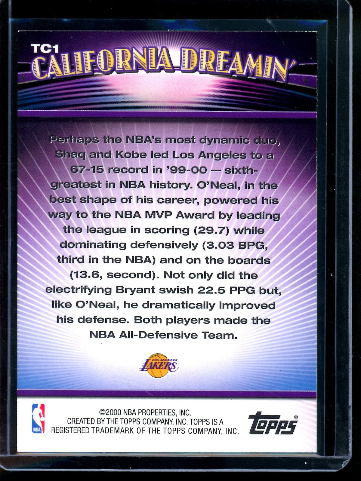 2000 Topps California Dreamin' Kobe Bryant / Shaq Lakers