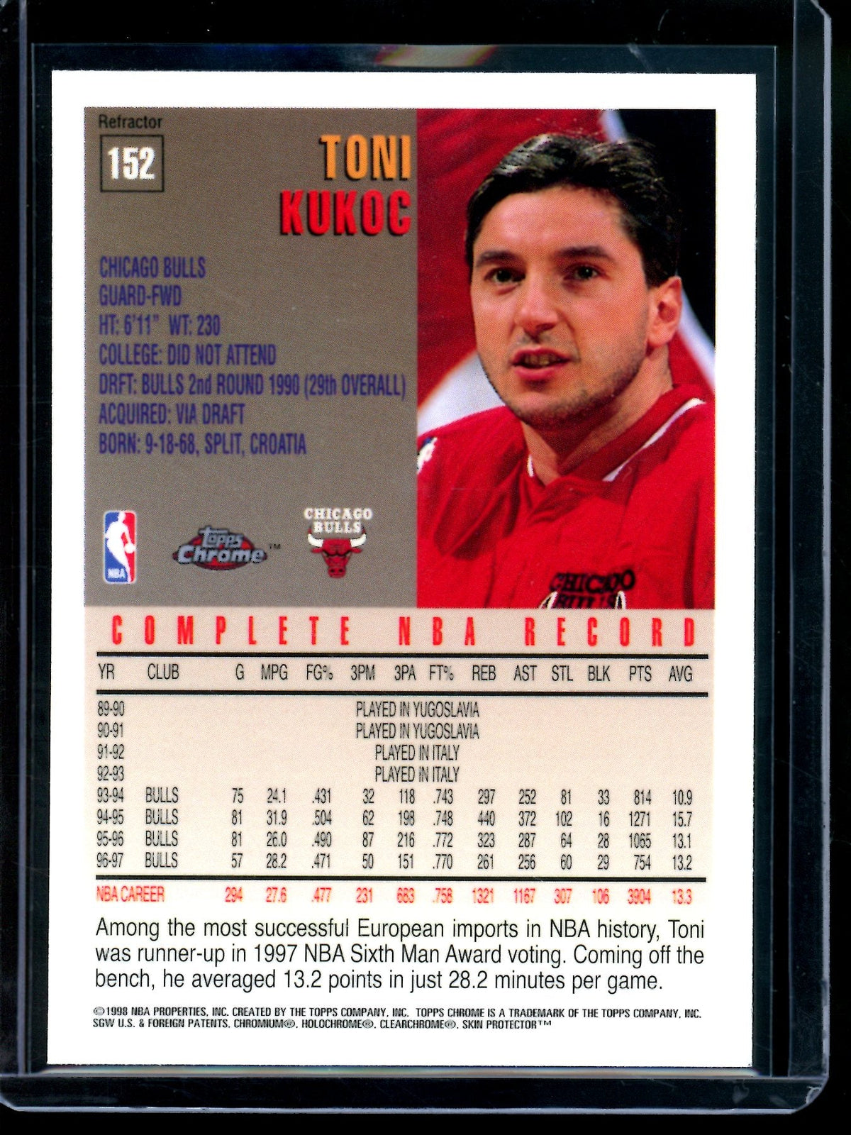1998 Topps Chrome Tony Kukoc Refractor Bulls