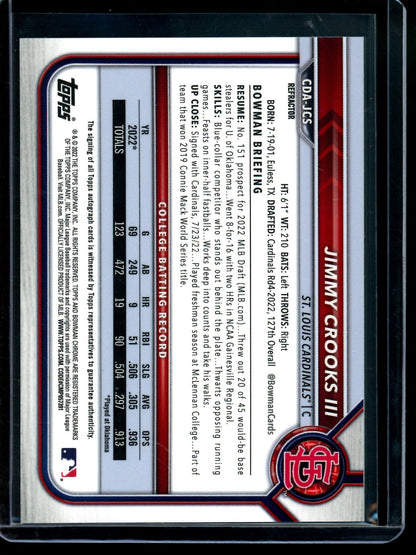 2022 Bowman Chrome Jimmy Crooks III 1st Refractor Autograph Cardinals - Trading Card Market