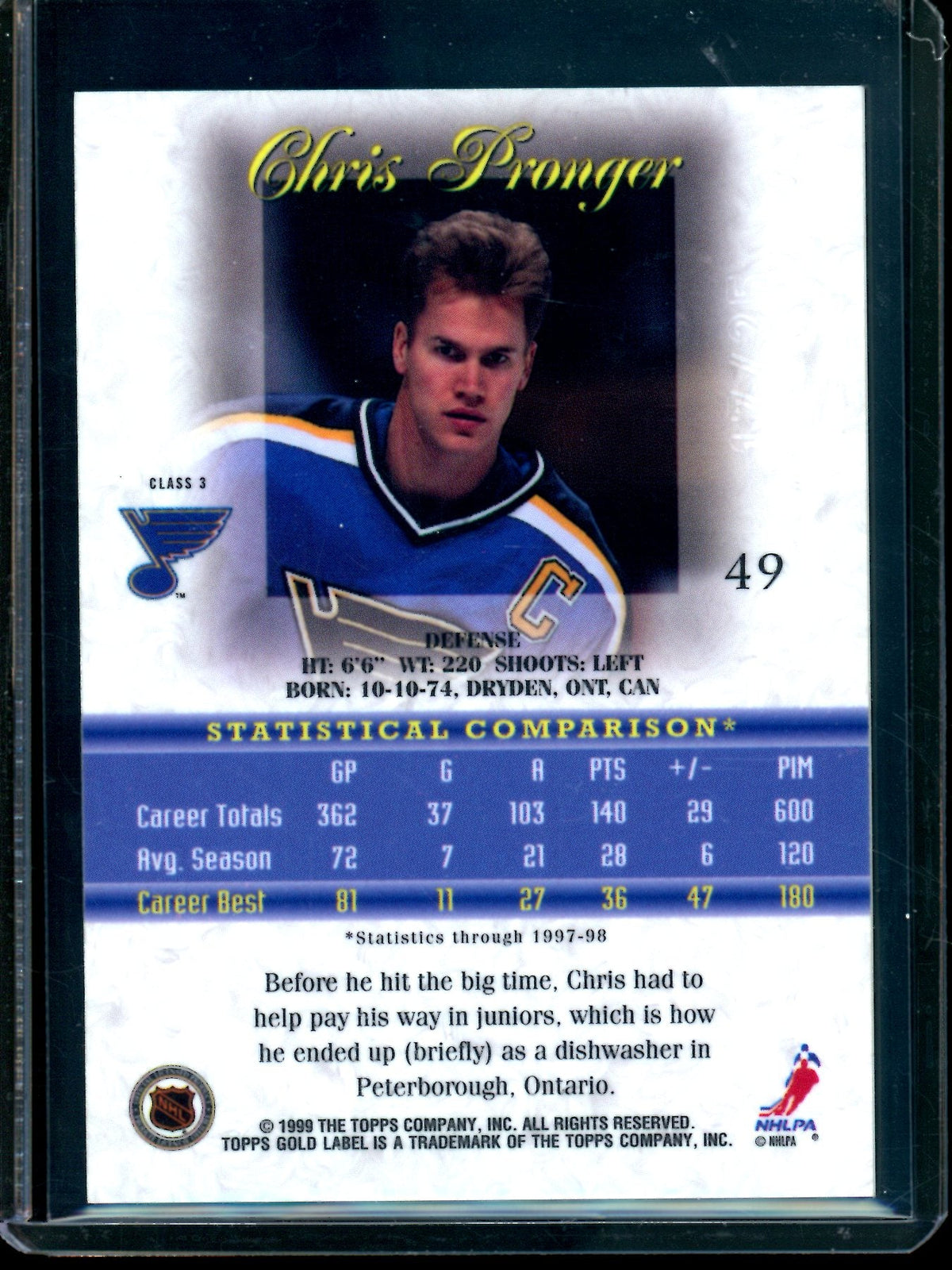 1999 Topps Gold Label Chris Pronger Class 3 /25 Blues - Trading Card Market