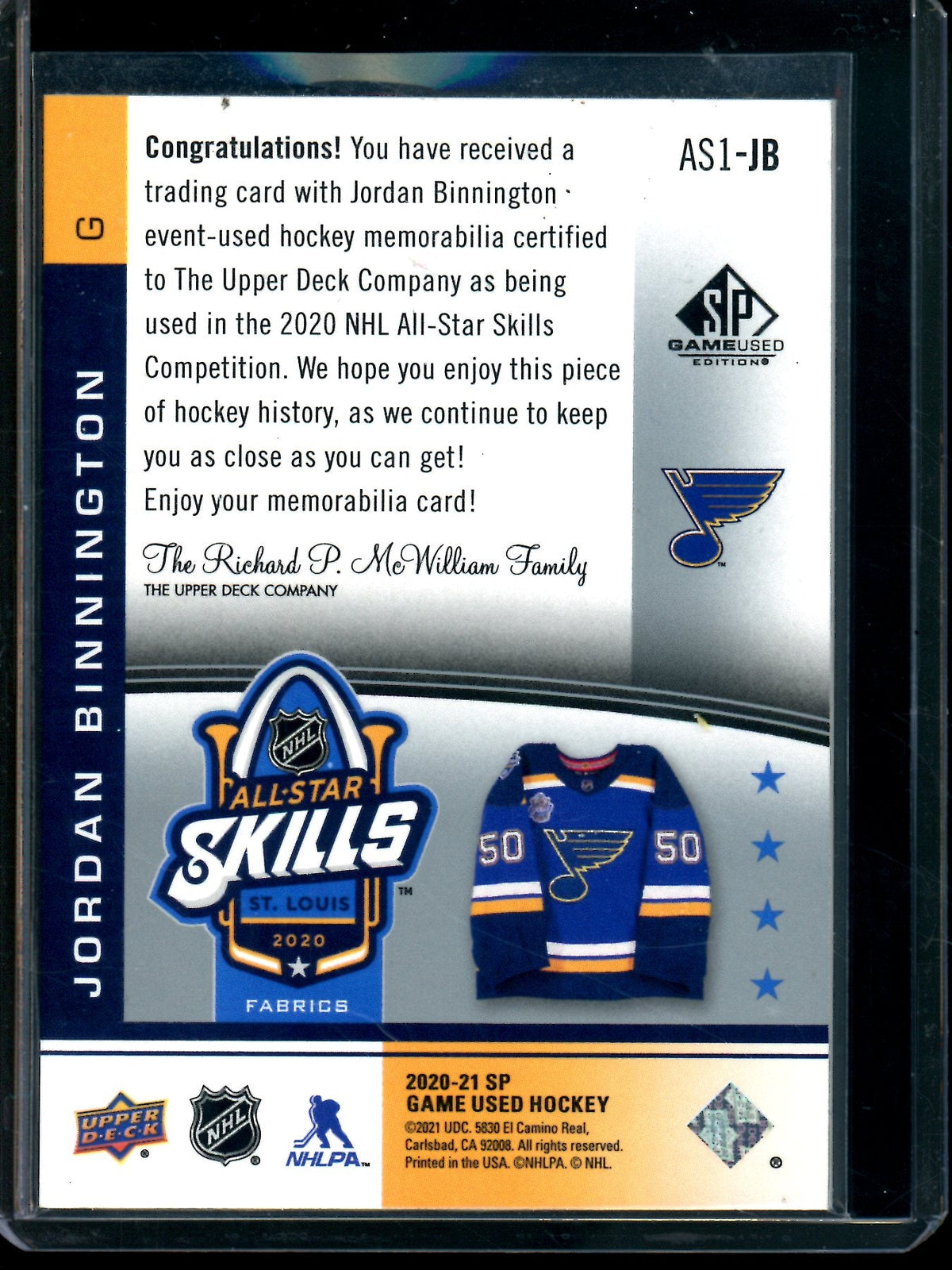 2020 Upper Deck SP Game Used Jordan Binnington Relic All-Star Skills Blues - Trading Card Market