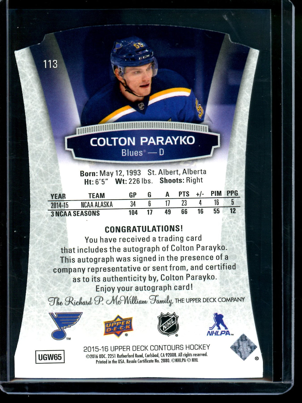 2015 Upper Deck Contours Colton Parayko Rookie Autograph /499 Blues - Trading Card Market