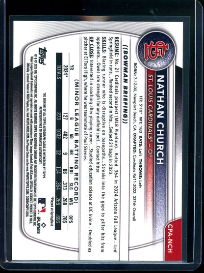 2025 Bowman Chrome Nathan Church 1st Autograph Cardinals