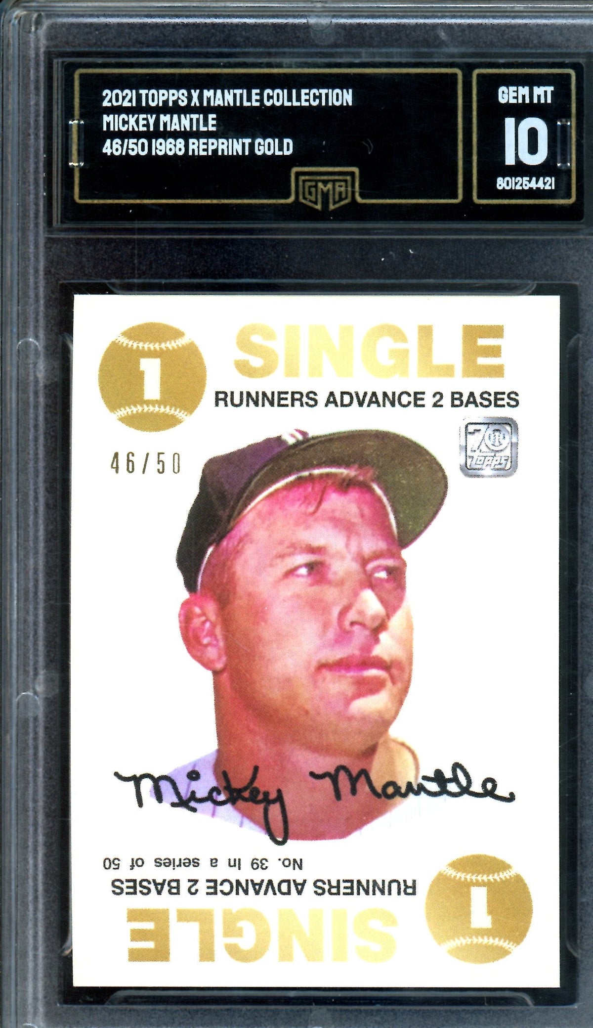 2021 Topps Mantle Collection Mickey Mantle 1968 Reprint Gold /50 GMA 10 Yankees