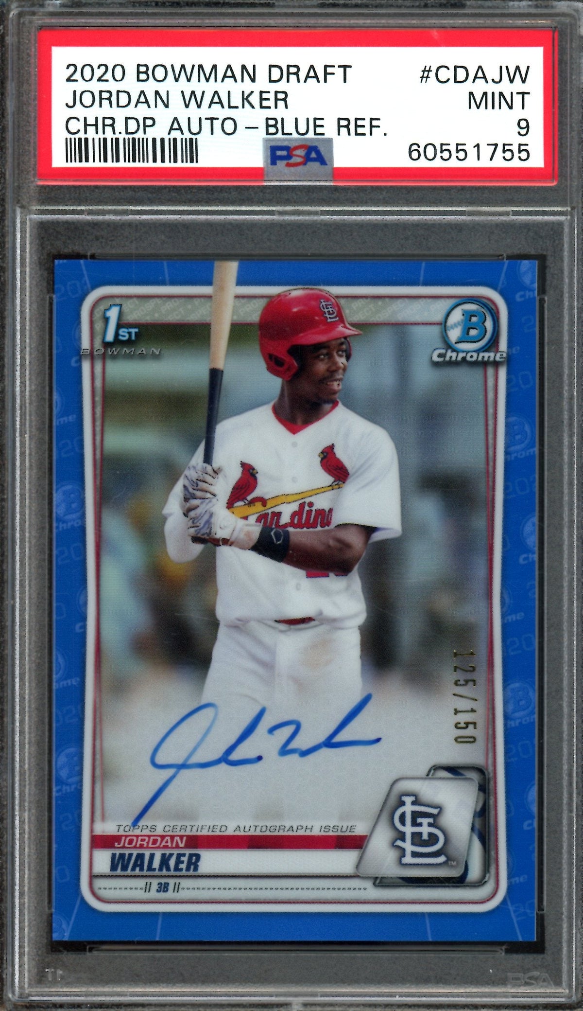 2020 Bowman Chrome Jordan Walker 1st Blue Refractor Autograph /150 PSA 9 Cardinals
