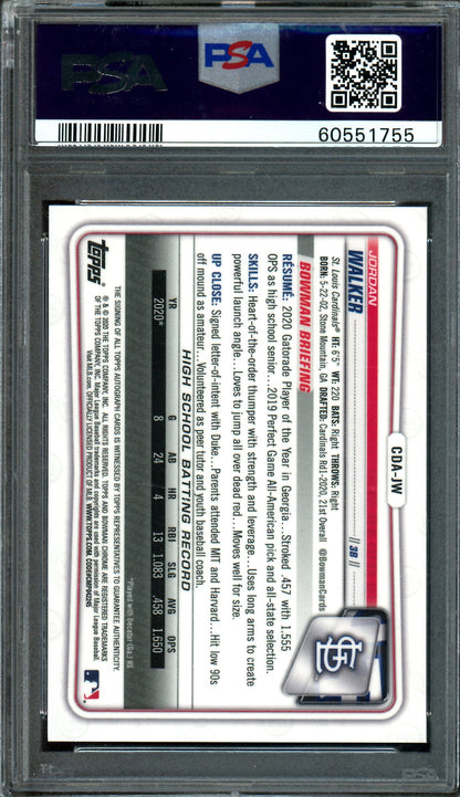 2020 Bowman Chrome Jordan Walker 1st Blue Refractor Autograph /150 PSA 9 Cardinals
