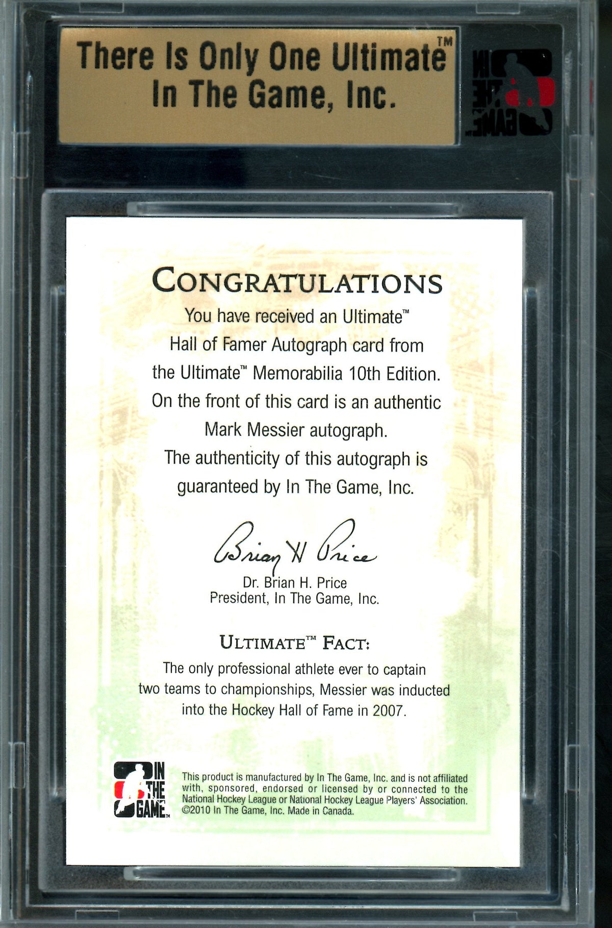 2010 In the Game Mark Messier Hall of Famer Autograph /9 Encased Oilers