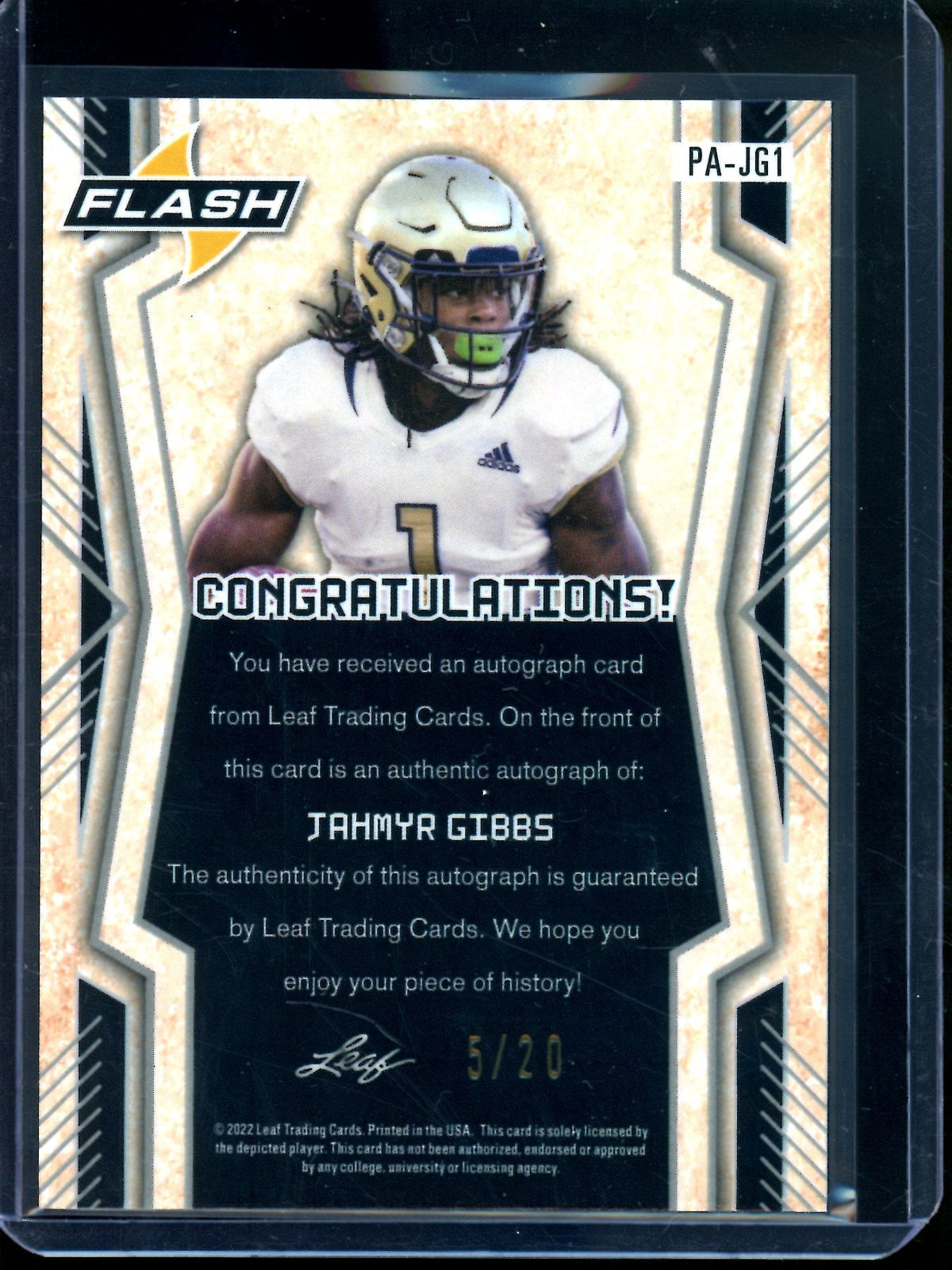 2022 Leaf Flash Jahmyr Gibbs Purple Speckle Autograph /20 Lions