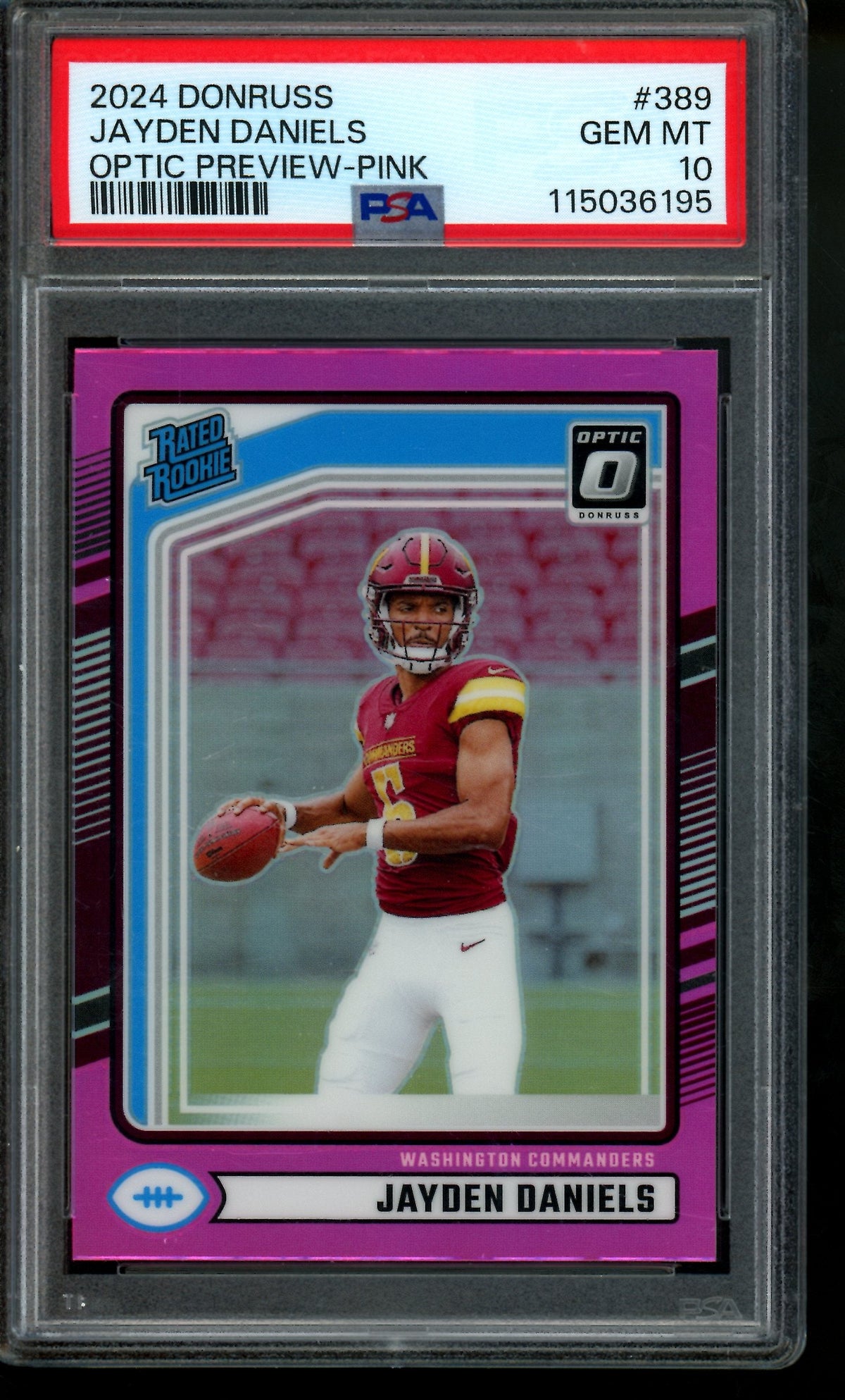 2024 Panini Donruss Jayden Daniels Optic Preview Pink Rated Rookie PSA 10 Commanders