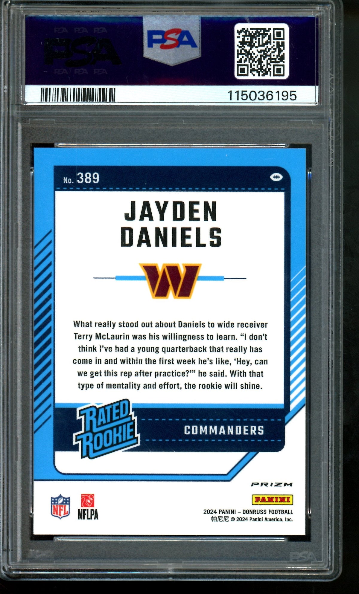 2024 Panini Donruss Jayden Daniels Optic Preview Pink Rated Rookie PSA 10 Commanders