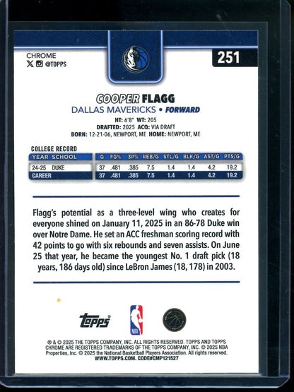 2025/26 Topps Chrome Cooper Flagg Rookie Card RC #251 Mavericks