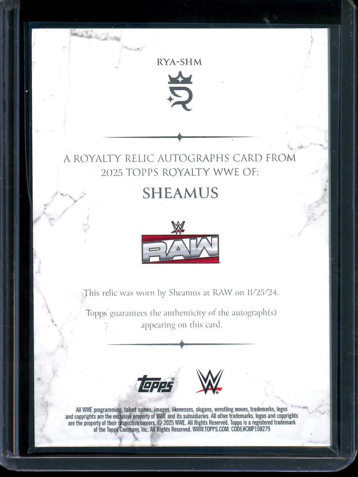 2025 Topps Royalty Sheamus Relic Autograph Card /99 #RYA-SHM