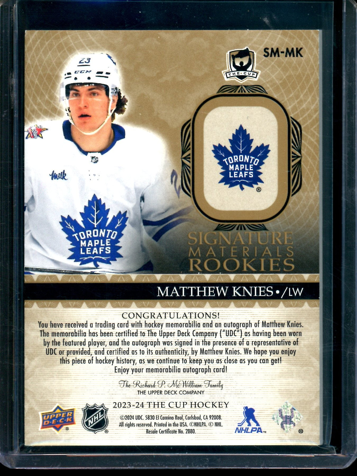 2023/24 Upper Deck The Cup Matthew Knies Signature Materials Rookies /99 Maple Leafs - Trading Card Market