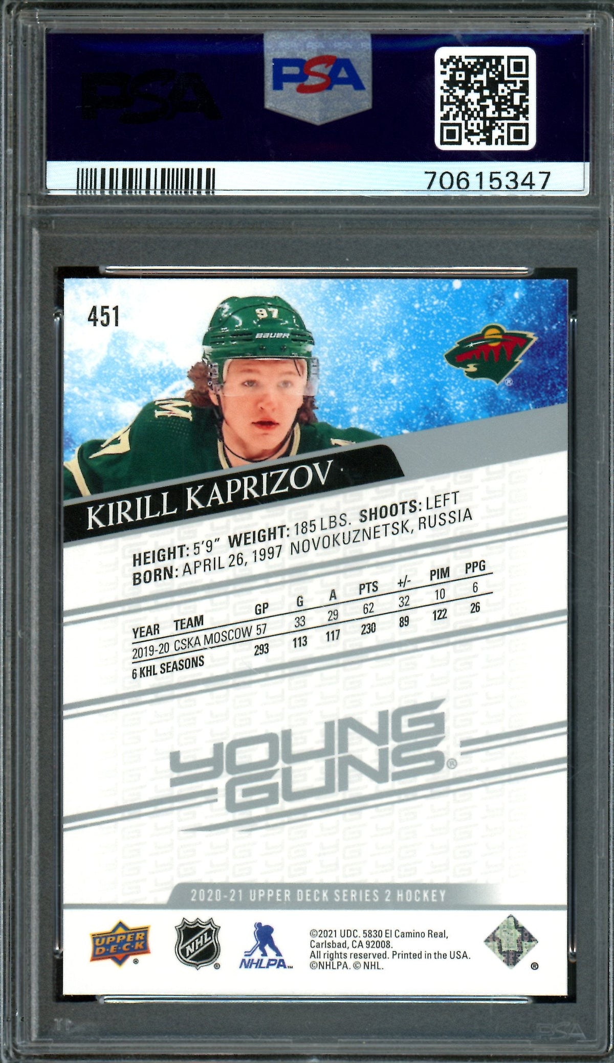 2020/21 Upper Deck Series 2 Kirill Kaprizov Young Guns RC #451 PSA 10 Wild