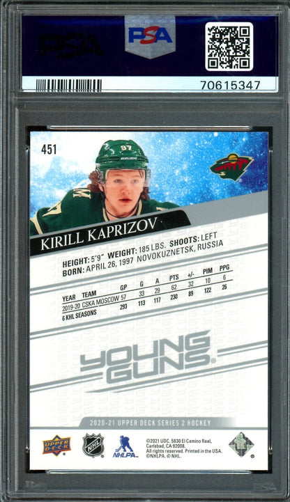 2020/21 Upper Deck Series 2 Kirill Kaprizov Young Guns RC #451 PSA 10 Wild