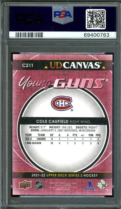 2021/22 Upper Deck Series 2 Cole Caufield UD Canvas Young Guns RC #C211 PSA 10 Canadiens