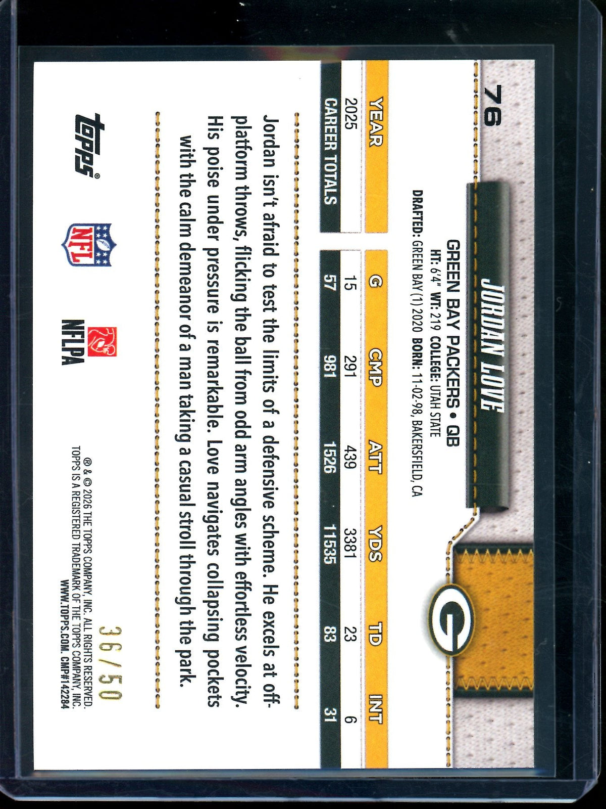 2026 Topps Flagship Jordan Love Gold Foil /50 Packers