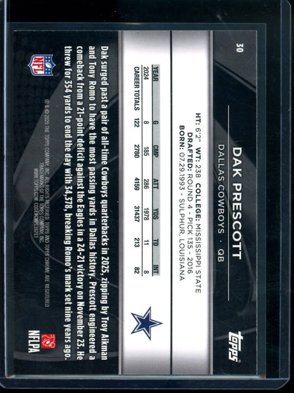 2025 Topps Chrome Black Dak Prescott Green Refractor /99 Cowboys