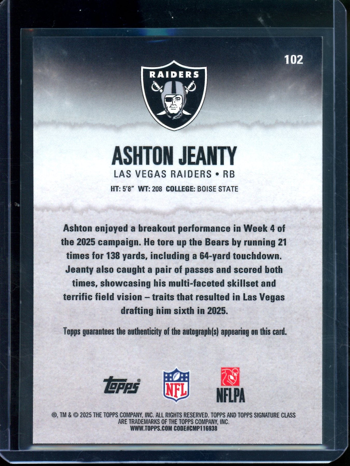 2025 Topps Signature Class Ashton Jeanty Refractor Rookie Autograph Raiders