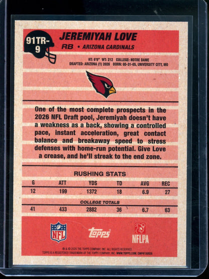 2026 Topps Flagship Jeremiyah Love 1991 Orange Rookie RC /25 Cardinals (Edge Damage)