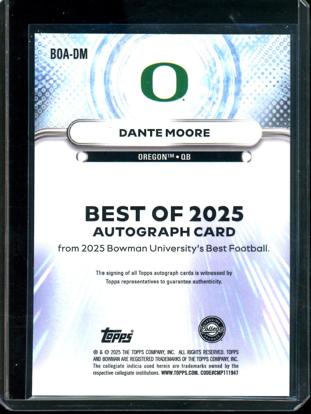 2025 Bowman Best U Dante Moore Best of 2025 Autograph Aqua Refractor /15 Ducks