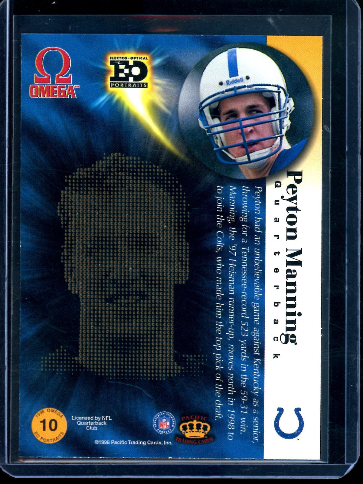 1998 Pacific Omega Peyton Manning Electro Optical Portraits Rookie RC #10 Colts