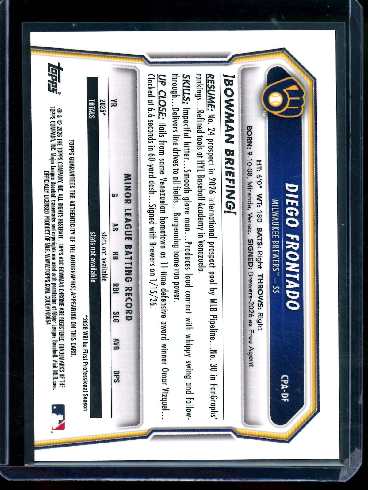 2026 Bowman Chrome Diego Frontado 1st Orange Shimmer Refractor Autograph /25 Brewers