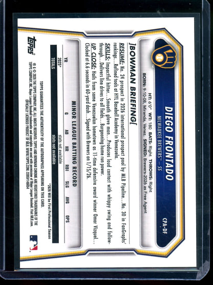 2026 Bowman Chrome Diego Frontado 1st Orange Shimmer Refractor Autograph /25 Brewers