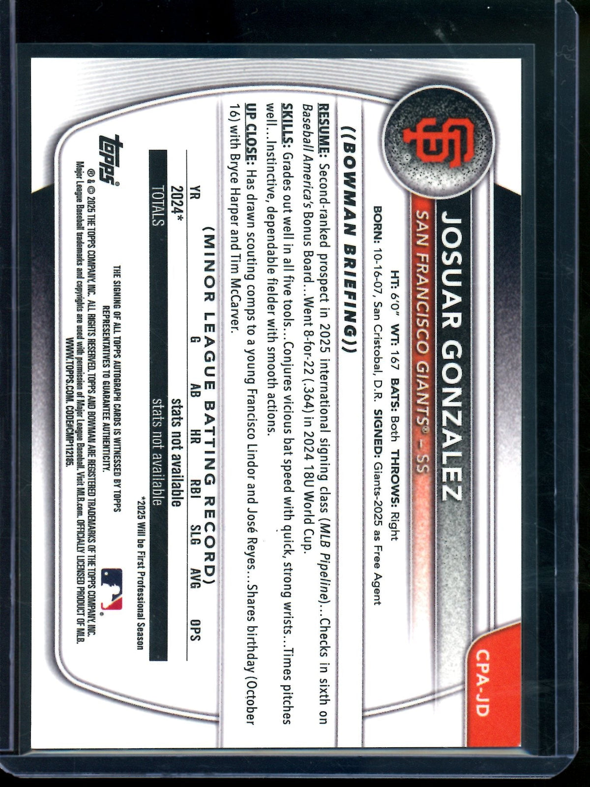 2025 Bowman Chrome Josuar Gonzalez 1st Green Lava Refractor Autograph /99 Giants - Trading Card Market