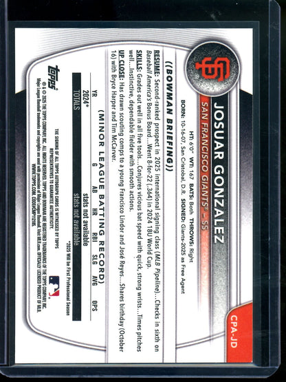 2025 Bowman Chrome Josuar Gonzalez 1st Green Lava Refractor Autograph /99 Giants - Trading Card Market